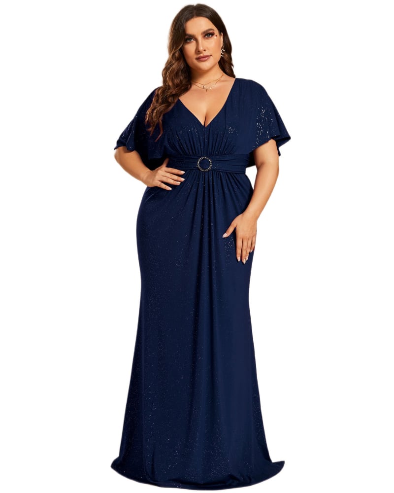 Front of a model wearing a size 18 Plus Size Glitter Bat-Wing Sleeve Waist-Cinching Mermaid Evening Dress in Navy Blue by Ever-Pretty. | dia_product_style_image_id:324784